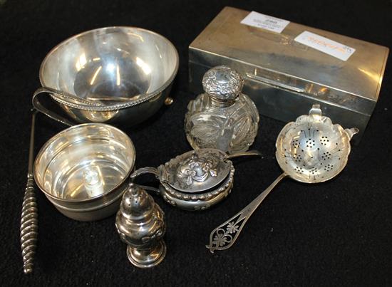 Silver cigarette box, 2 sugar bowls and 8 other silver items